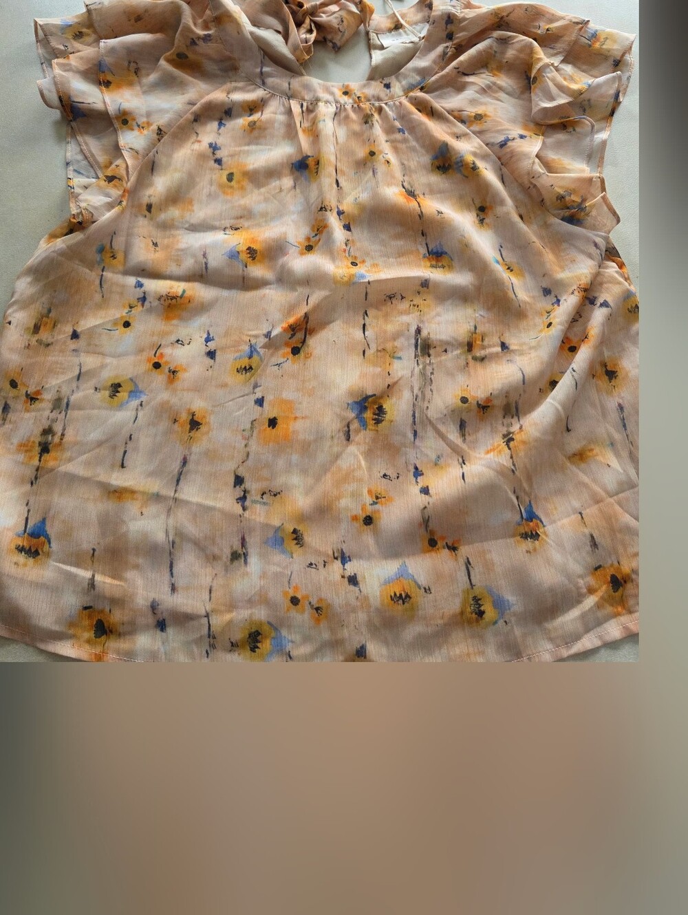 NWT MELLODAY MISSES SZ LARGE Floral Back Tie-Neck Cap Sleeve Blouse